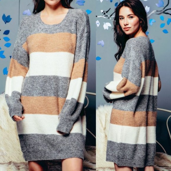 NEW Neutral Stripe Colorblock Soft Sweater Dress - Picture 6 of 13